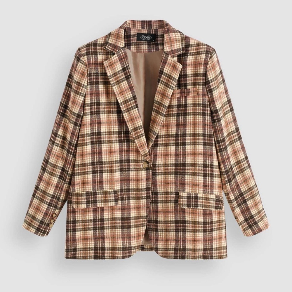 Cider Retro Plaid Pattern Blazer Womens Size Small Camel Brown Pink Oversized